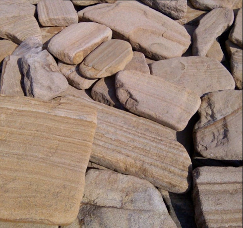 Kamenclub.ru: Песчаник пластушка галтованный желтый с рисунком (3 см)  купить во Владимире плитняк - пластушка желтый песчаник 21000 руб/м3   фото КАМЕНЬ КЛУБ