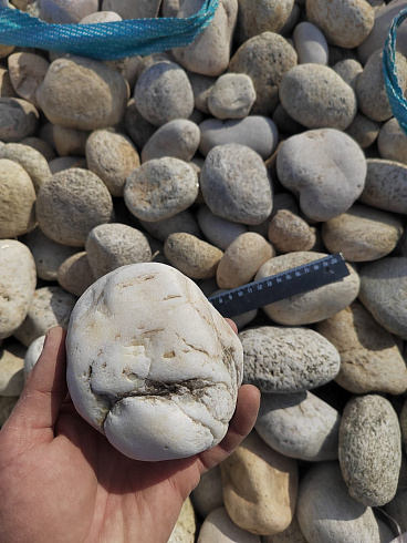 Kamenclub.ru: Галька речная окат (серо-белая) фр. 70-120 мм купить  во Владимире галька галечник бело-серая, серо-белая, серая, белая речная природная галька  8000 руб/т   фото КАМЕНЬ КЛУБ