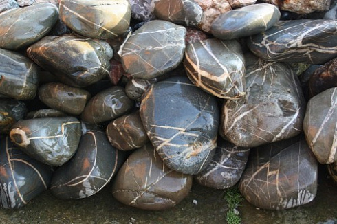 Kamenclub.ru: Валунчик Паутинник фр.100-300 мм  купить во Владимире крупный природный камень галечник темно-серый с прожилками белый черный речной валунчик 5000 руб/т   фото КАМЕНЬ КЛУБ